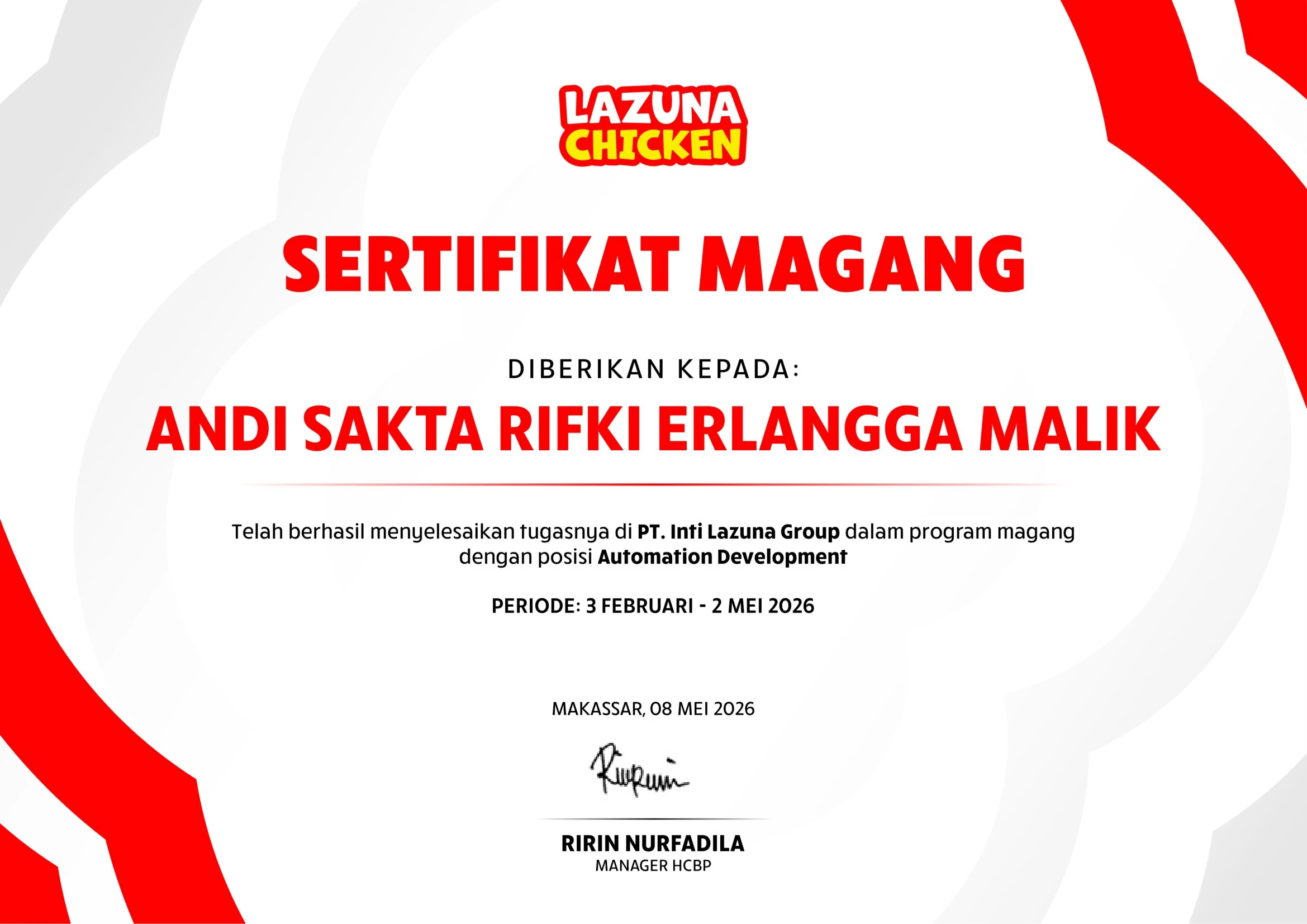 Automation Development Internship Certificate